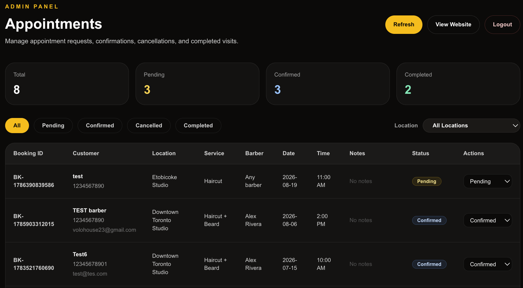 Toronto Fade Studio appointment admin dashboard